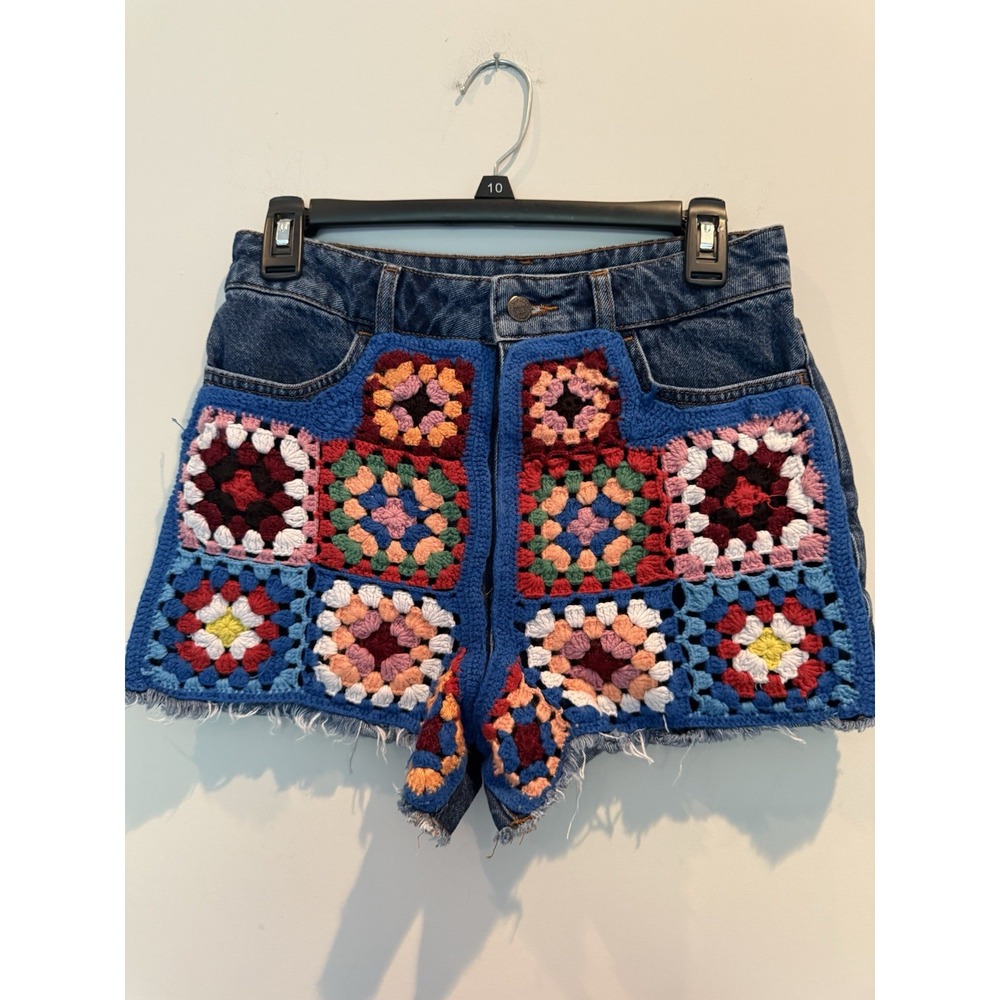 Colorful Crochet Patchwork Denim Shorts